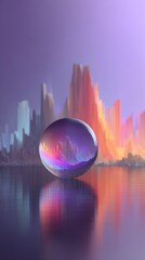 ガラス球、山、建築物、白いテーブル、反射のある紫青のグラデーション背景。