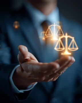 Justice in Hand: An attorney, in a suit, symbolizes justice by holding a digital scales of justice, suggesting fairness, legal expertise, and the pursuit of righteousness.