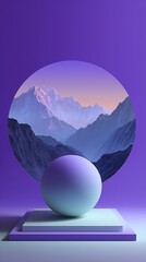 ガラス球、山、建築物、白いテーブル、反射のある紫青のグラデーション背景。