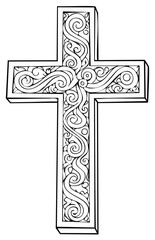 Intricate cross illustration with ornate swirling patterns in a minimalist style.