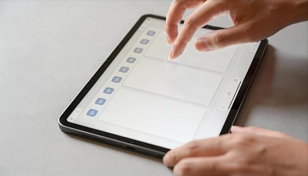 Touchscreen tablet hand finger gesture digital device screen interface app technology portable display modern wireless connection online communication flat horizontal human adult work browsing person