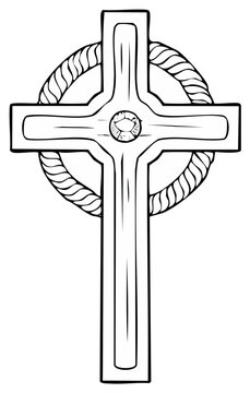 Traditional Celtic Cross Line Art with Intricate Knotwork Ring and Central Gem Design