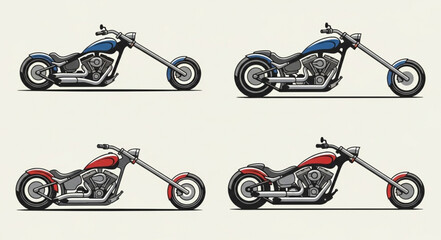 Four Chopper Motorcycles Displayed Side by Side. © Efan