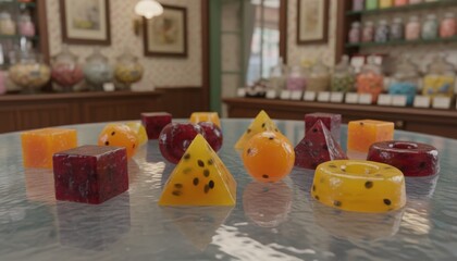 Obraz premium Assortment of brightly colored natural fruit jelly candies displayed on a glossy surface, showcasing diverse shapes and textures