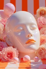 目を閉じ、オレンジ色の唇を持つ白い磁器のマネキンの頭の未来的な3D壁紙