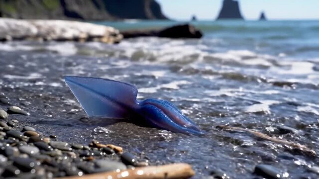 Blue Velella by-the-wind sailor in ocean waves on beach