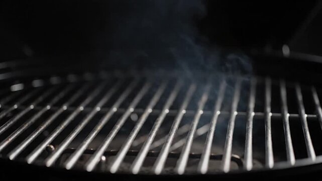 A close-up of a barbecue grill with smoke rising against a dark background