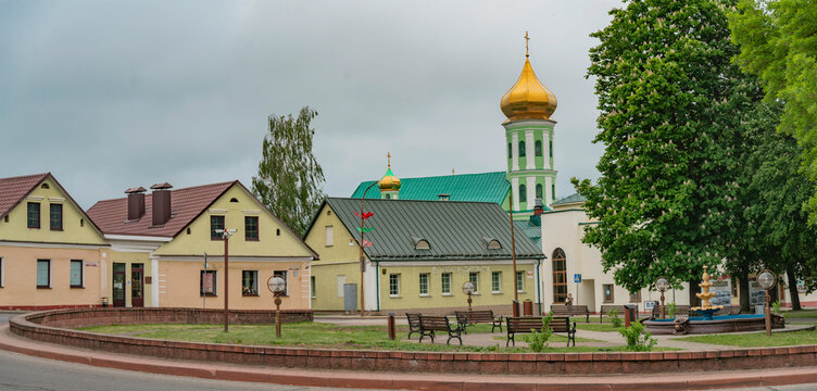 Holy Trinity Cathedral in Slonim town square with copy space