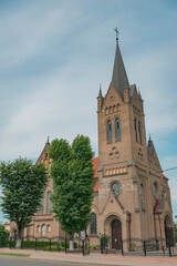 Obraz premium Neo-Gothic Holy Cross Exaltation Church in Vileyka with copy space