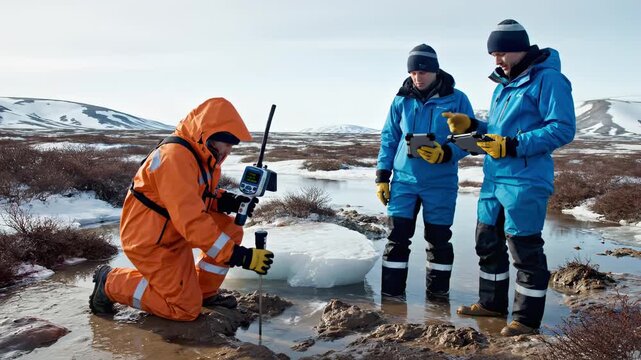 Scientific expedition team collecting permafrost meltwater samples for analysis while using a portable electronic device to measure water temperature in an arctic landscape