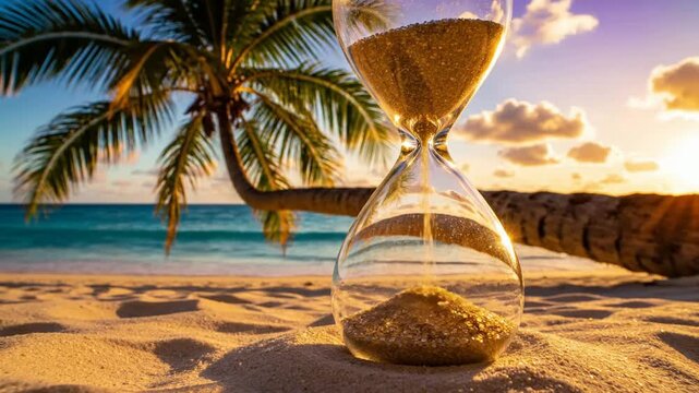 Golden Sand Timer Drips on Tropical Beach at Sunset: Time Passing Concept