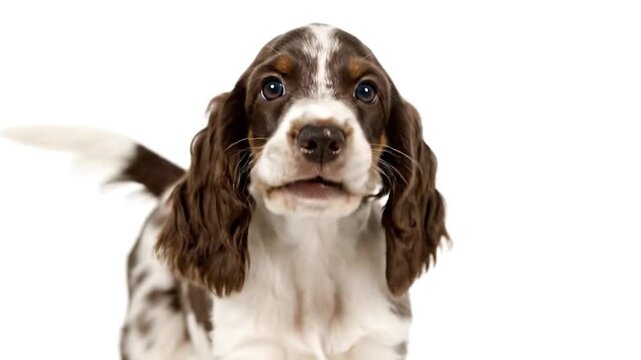 A close-up of a brown, white, and black spaniel puppy with wide eyes, on a white backdrop