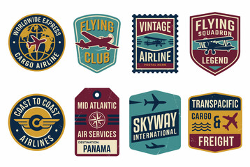 Obraz premium Vintage Aviation and Airline Badge Set with Retro Flying Club Emblems Cargo Airline Logos and Mid-Atlantic Air Service Labels Vector Illustration Collection