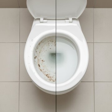 Photo collage of same toilet top view split in two, left side very dirty, right side crystal clean, light tile floor. Before and after concept. AI generative
