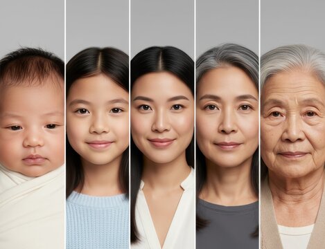 Female ages. Photo collage of same asian woman at five life stages from newborn to elderly, vertical studio portraits, soft gray background. AI generative
