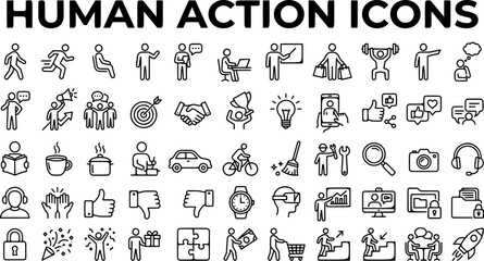 Naklejka premium Human activities and actions line icon collection in black outline style
