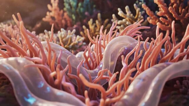 A tranquil underwater ecosystem featuring sinuous translucent ribbon-like organisms weaving through vibrant coral