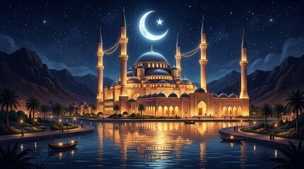 Naklejka premium Mosque view in the night with half moon