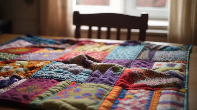 Colorful patchwork quilt on table.