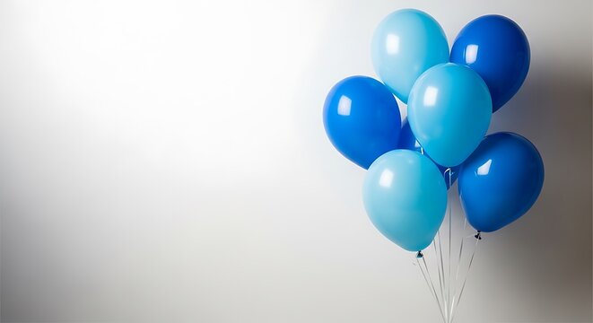 A cluster of blue balloons floating against a white background
