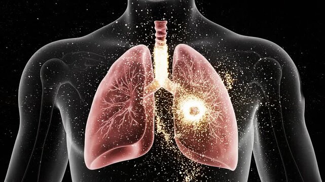 3D illustration of human lungs with illuminated bronchi and pulmonary structures against a dark background, showcasing respiratory anatomy and