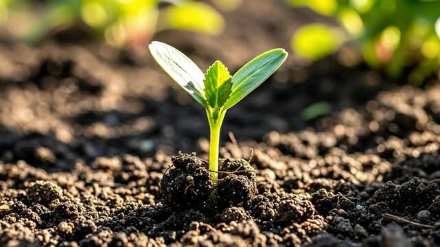 A vibrant green sprout emerging from rich soil in a garden setting.