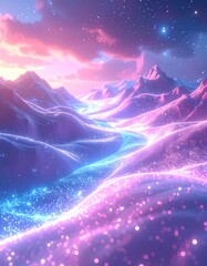 Vibrant cosmic mountain landscape with glowing blue and pink lights