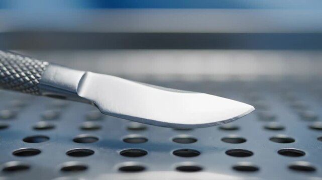 Close-up view of a precise surgical scalpel resting on a metallic perforated surface, emphasizing sharpness and detail