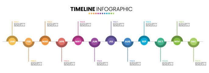 Circle timeline infographic presentation template 12 options. 12 month or 1 year infographic template