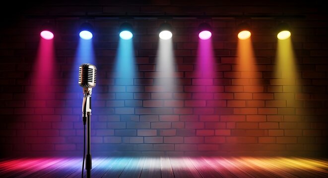 Vibrant stage spotlight microphone setup for live performance or comedy show