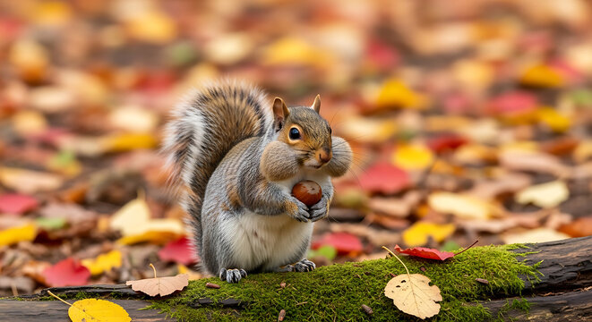 Autumn Forest Colorful Leaves with Squirrel Gathering Nuts Wildlife Busy