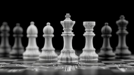 Fototapeta premium Elegant Black and White Chess Pieces with Glowing Elements on a Classic Chessboard Suitable for Artistic and Strategic Themes
