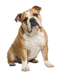 Cute English Bulldog Puppy Sitting Looking at Camera Isolated on White Background