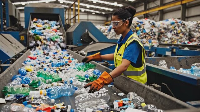 Woman sorting plastic waste on a conveyor belt in a recycling facility, surrounded by colorful bottles and containers