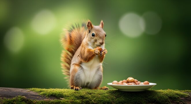 Squirrel enjoying nuts on first day of spring welcoming new season with fresh food