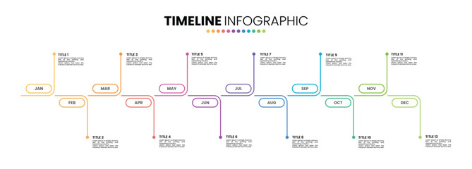Rounded rectangle shape timeline infographic presentation template 12 options. 12 month or 1 year infographic template