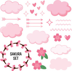 Cute pink sakura blossoms and playful cloud heart arrow design elements set