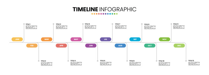 Rounded rectangle shape timeline infographic presentation template 12 options. 12 month or 1 year infographic template