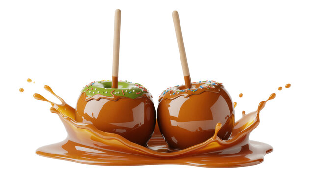 Two caramel apples with sprinkles and caramel splashes on white background isolated on a transparent background