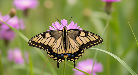 Obraz premium Spring Meadow Wildflowers with Butterfly on Flower Colorful Wings