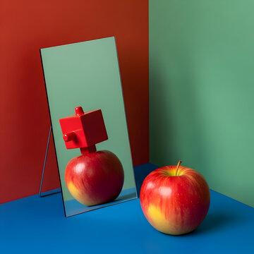 Vibrant red apple reflected in modern mirror on blue surface