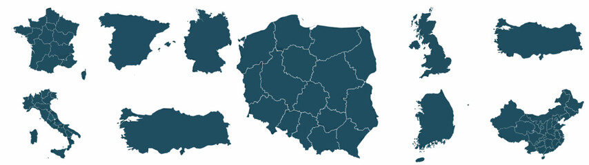 Fototapeta premium International Map Silhouette Collection with Detailed Borders for France Spain Germany Poland Italy UK Turkey South Korea and China Vector Set