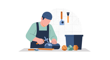 A person in a blue cap and apron carefully hammers a small object on a wooden surface surrounded by tools and geometric shapes, Generative AI.