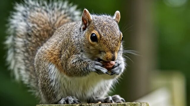 A close-up of a grey squirrel perched on a wooden post, eating a nut in a natural setting