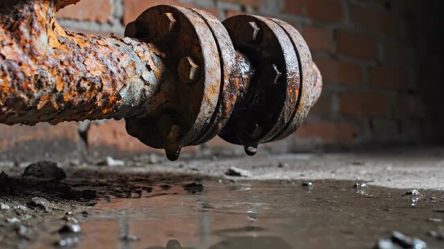 Water dripping from rusty pipe in industrial environment. Water leaks create rust on metal fixtures. Industrial setting captures essence of maintenance and decay.