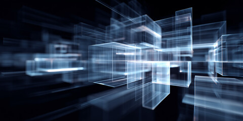 Fototapeta premium Transparent geometric cubes floating in digital space with motion perspective effect symbolizing data architecture and virtual computing systems 