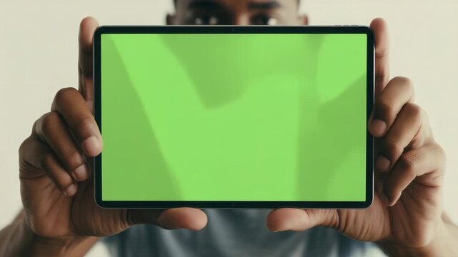 Close-up of hands holding tablet with green screen for customizable content display