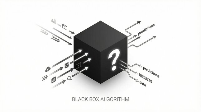 Isometric illustration of black box algorithm with question mark
