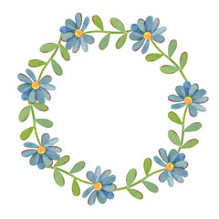 Children floral wreath, blue flowers. Hand-painted watercolor illustration isolated on white background for nursery decor, baby shower invitations, birthday cards, branding, posters,packaging, design.