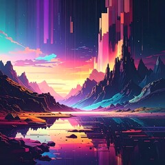 Vibrant digital landscape with colorful sky and mountains